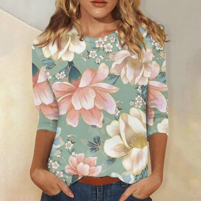 Women's floral print fashionable casual round neck long sleeved shirt