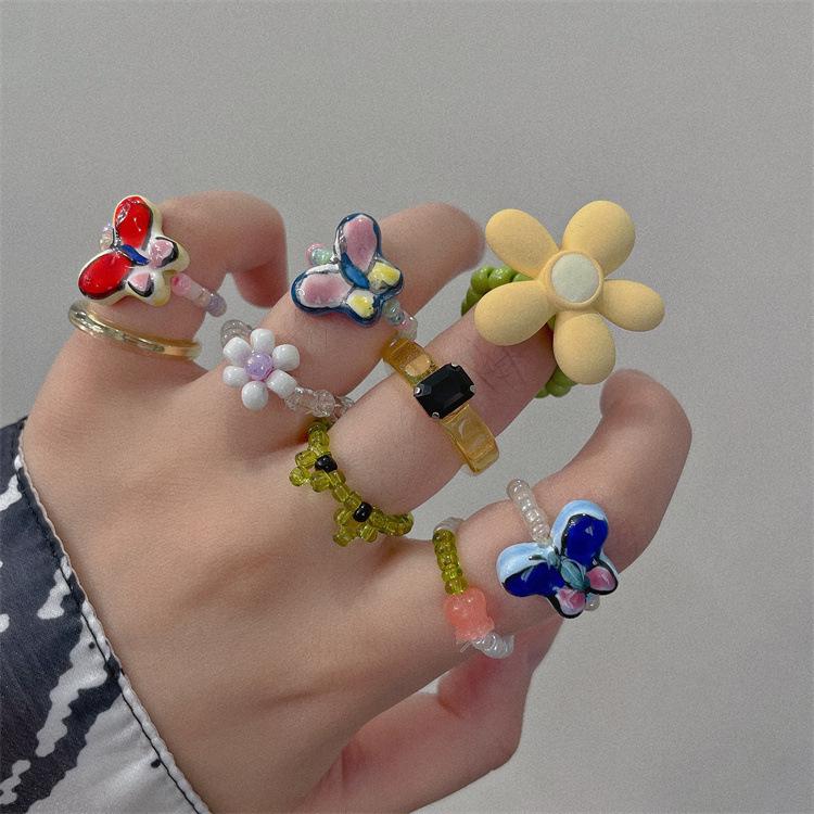 Korean Colorful Beaded Butterfly & Flower Ring for Girls