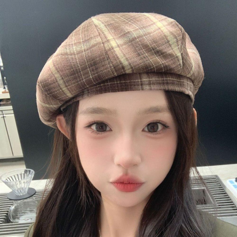 Street Style Plaid Beret Hat Y2K Octagonal Hat Simple Painter Hat  Winter
