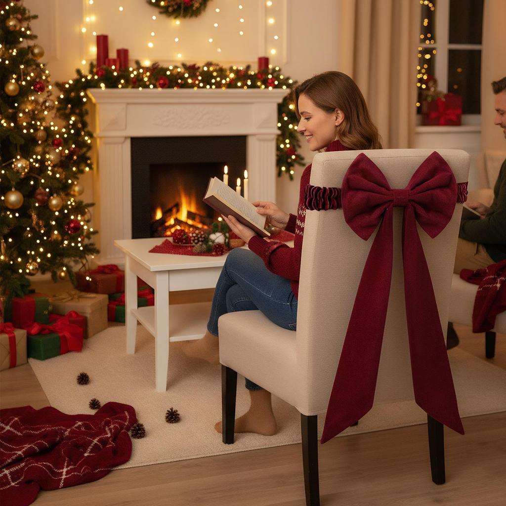 Christmas Bow Chair Back Cover Decoration Ornament Chair Ties For Dining Holiday Home Wedding Party Winter Festival