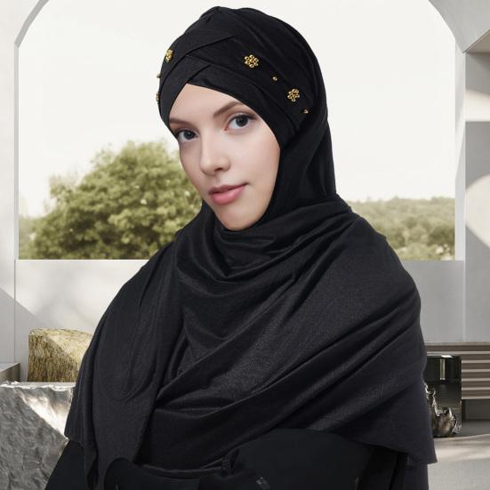 Headscarf Hat with Bright Bead Pleated Design Solid Color Shawl