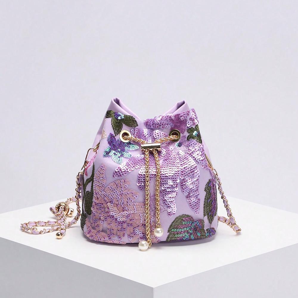 

New Artistic Shoulder Bag Women Fashionable Sequins Crossbody Chain Bucket Bag Floral Handbag Handwoven Embroider Shoulder Bags about 19x14.5x19cm светло-фиолетовый