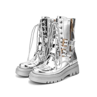Mode Silber Gürtelschnalle Kreuzriemen Strass Kurze Stiefel Lässig Motorrad Dicke Sohle Ritterstiefel Damen Winter Silber Stiefel