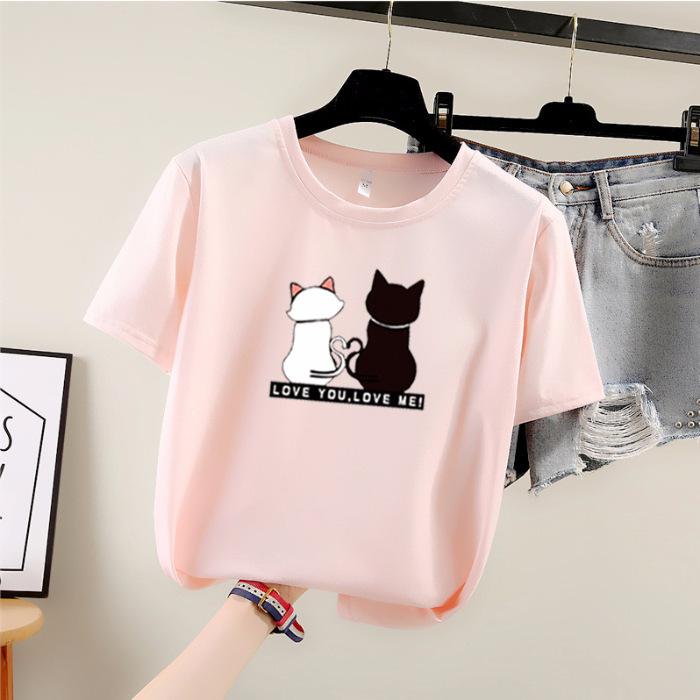 

Футболка с коротким рукавом с героями мультфильмов, женская летняя студенческая футболка с круглым вырезом и принтом, модная женская одежда больших размеров XXXL розовый