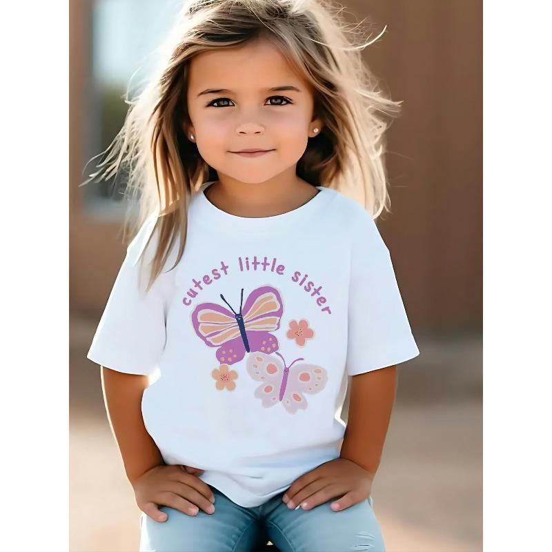 

European sizes Hand-drawn Butterfly Print Pattern, Summer Trendy Short-sleeve Round-neck T-shirt, Casual and Comfortable Top 98cm белый