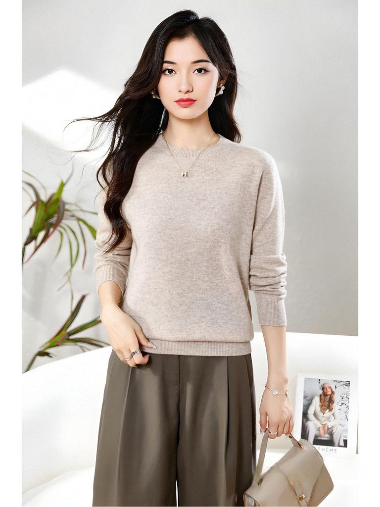 Dámský měkký kašmírový svetr s dlouhým rukávem a kulatým výstřihem - Módní, všestranný a pohodlný úplet.