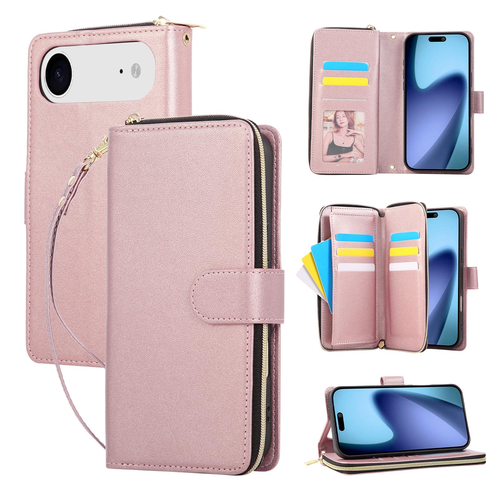 

For iPhone 17 Air Case 9 Card Slots Zipper Pocket PU Leather Cover with Wrist Strap Rose Gold