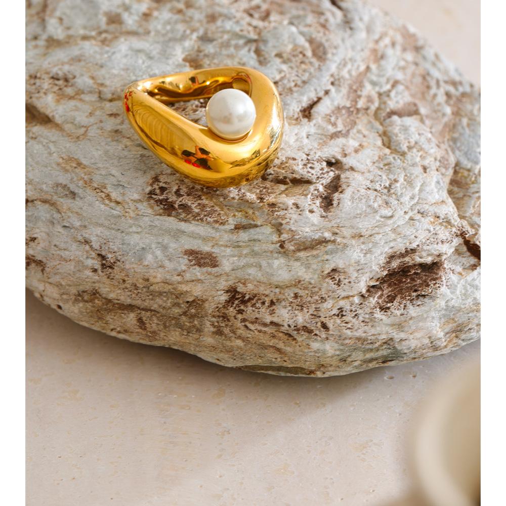 Eetit Glossy Stainless Steel Simulated Pearls Finger Ring Hypoallergenic Metal Minimalist Chic Jewelry Accessories
