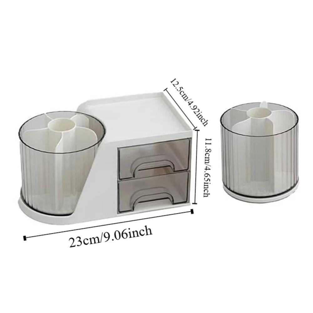 360 Degree Rotating Desk Organizer 6 Slots 4 Compartments Pencil Pen Holder Multi-Functional with 2 Drawer Makeup Organizer