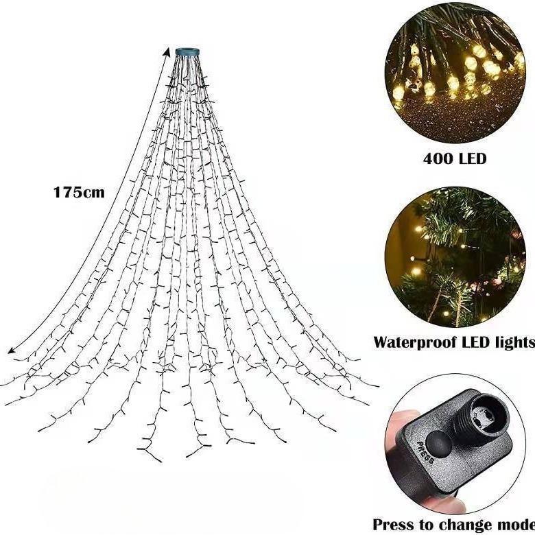 LED Christmas Tree Topper Lights Ring WaterfallString LightsOutdoor Waterproof Garden Yard Decoration HolidayTree Lighting Decor