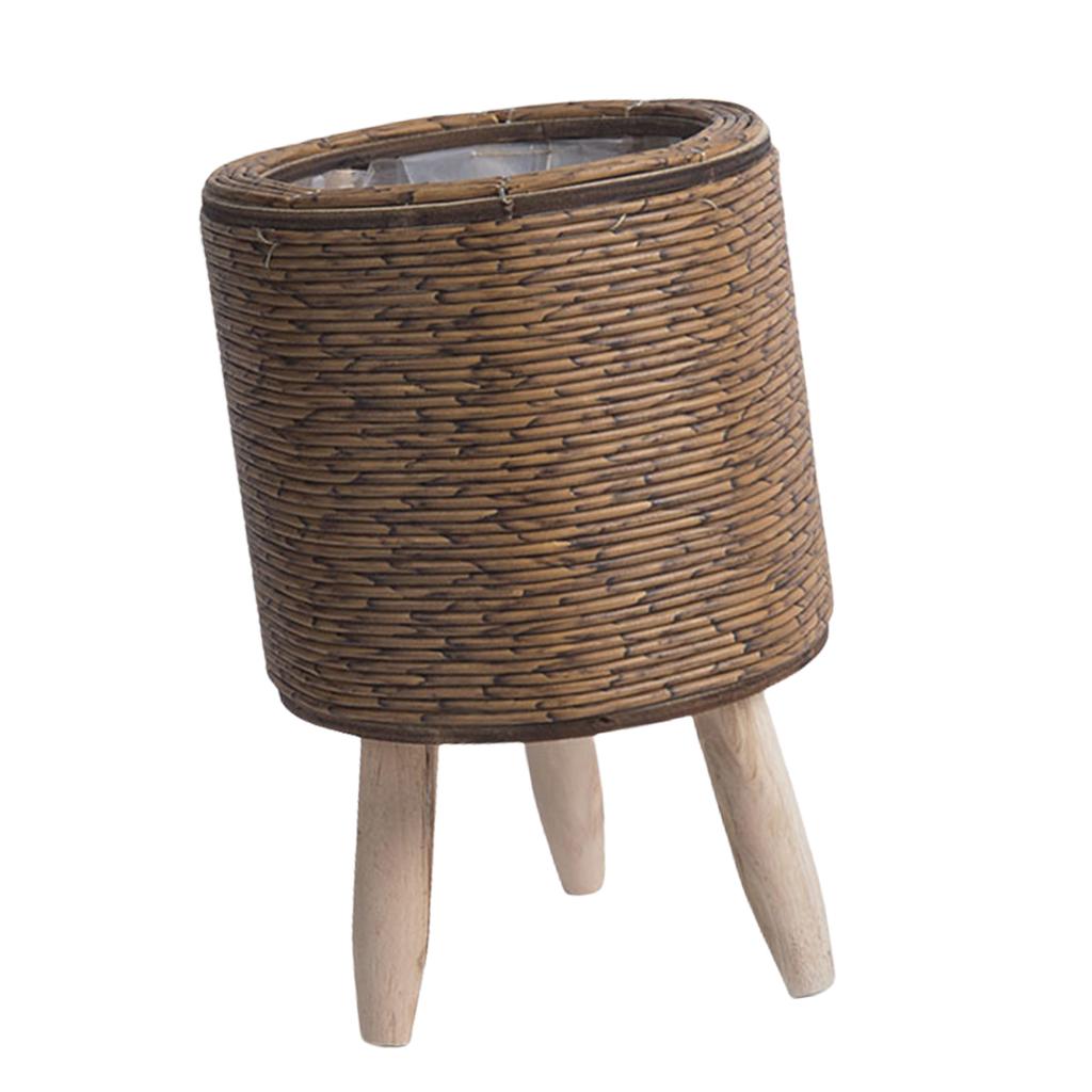 Květináče se stojanem Ratanové květináče Pletená rostlinná stolička v košíku Designový stojan na květináče s dřevěnými nohami