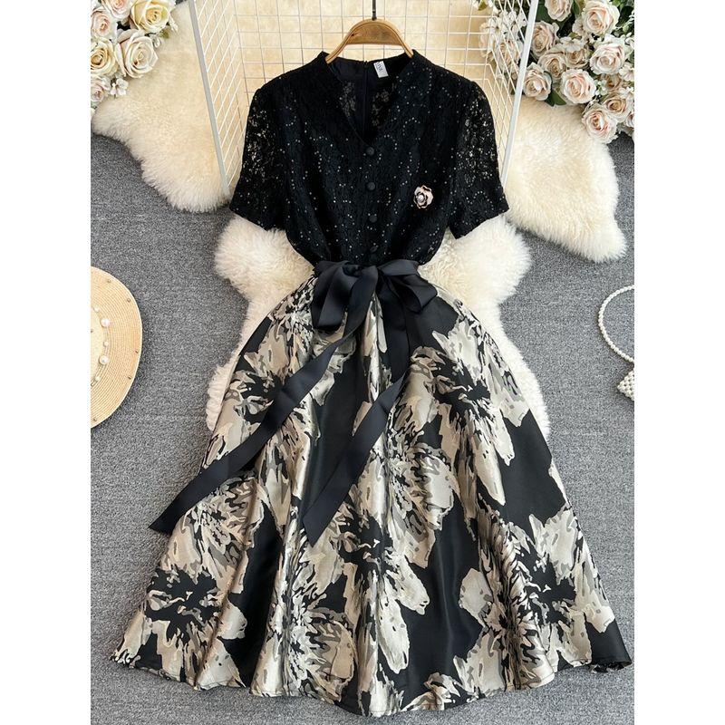 Summer French Style Lace A- line Jacquard Dress Short Sleeve