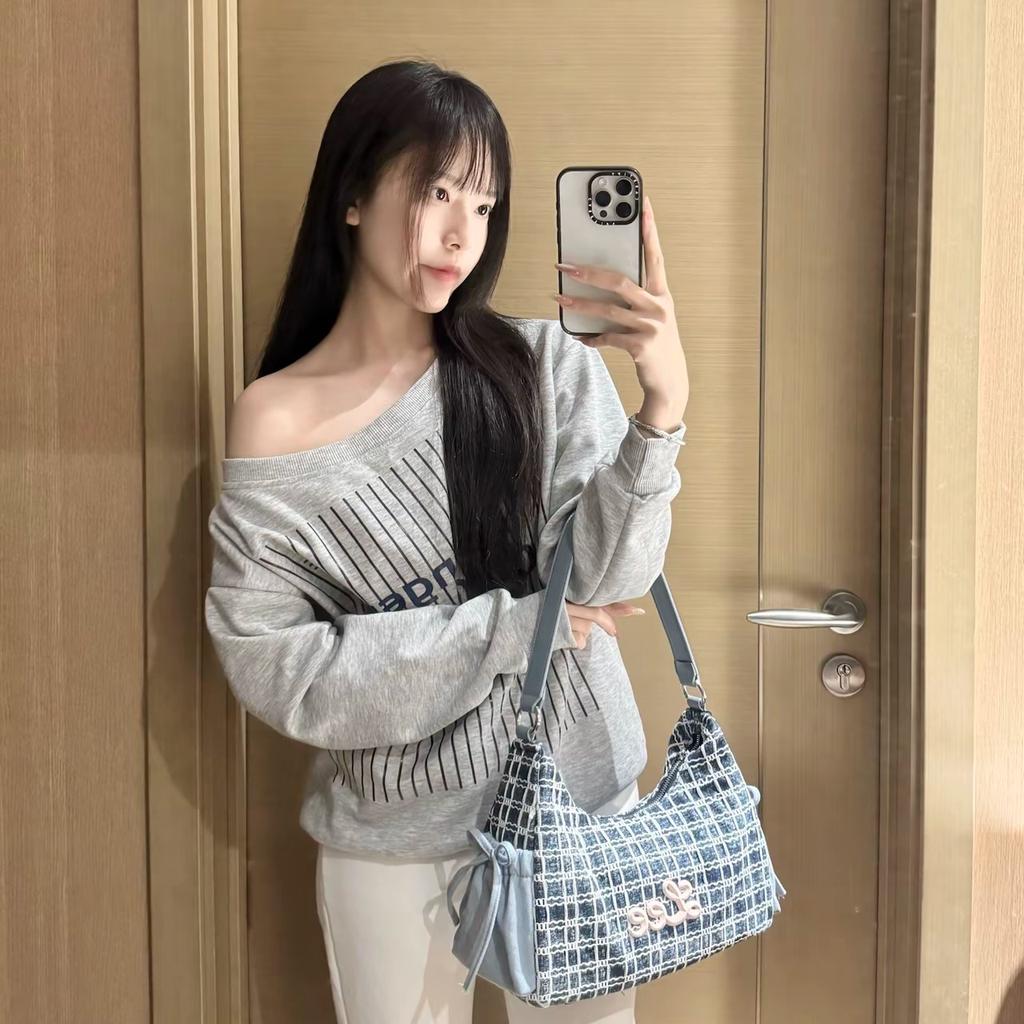 New Lee Fabric Shoulder Bag Women's Dark Blue White Plaid LE250033M-539