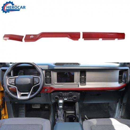 3pcs Center Console Dashboard Cover Trim Strip for Ford Bronco Red Carbon Fiber