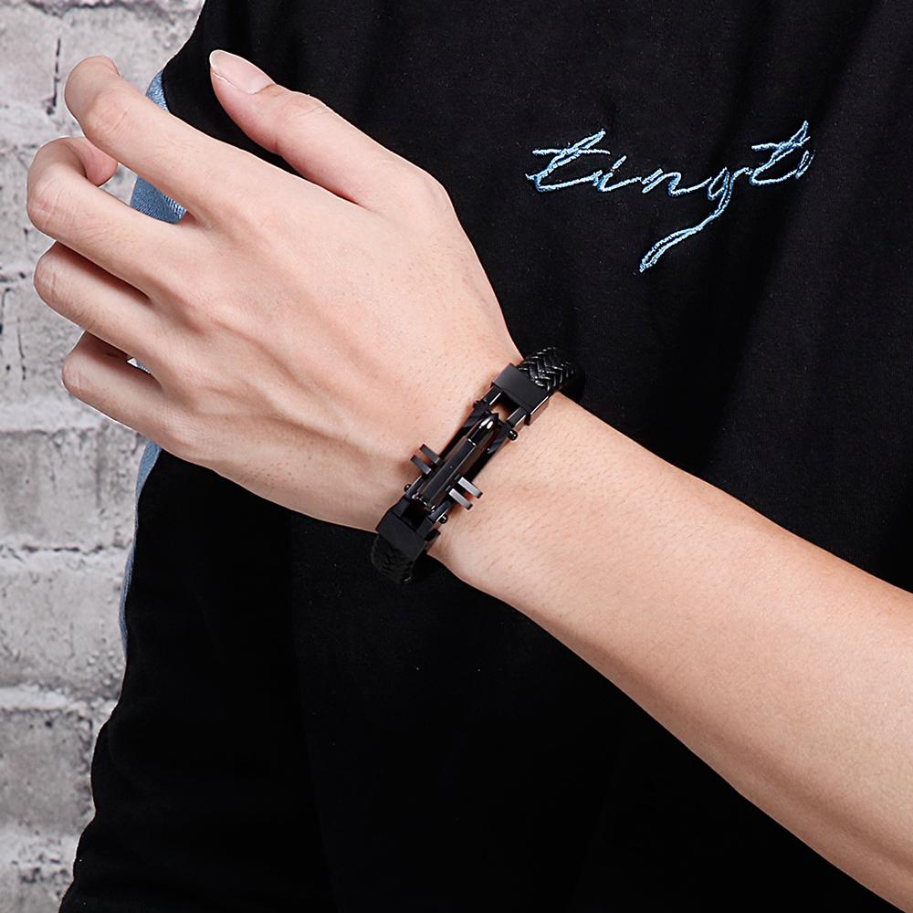 Leather Wristband for Man Bracelet Men Ancient Black Stainless Steel Simple Design Men's Wrap Bracelets Engraving Guests Gift