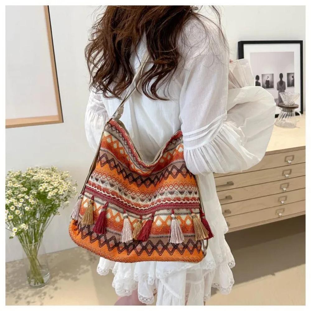 Vintage Damentasche mit Quaste, ethnisch, handgewebt, Umhängetasche für Damen, Hippie-Sling-Schultertaschen für Damenhandtasche