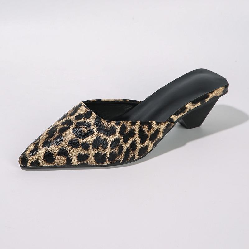 Large size spring and summer new leopard print pointed head back air half support high heel bag head sandals woman