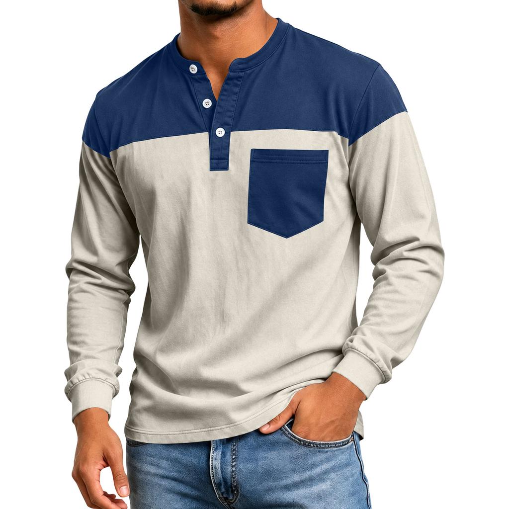 Men's Color Block Long Sleeve Shirt Casual Top for Spring and Fall
