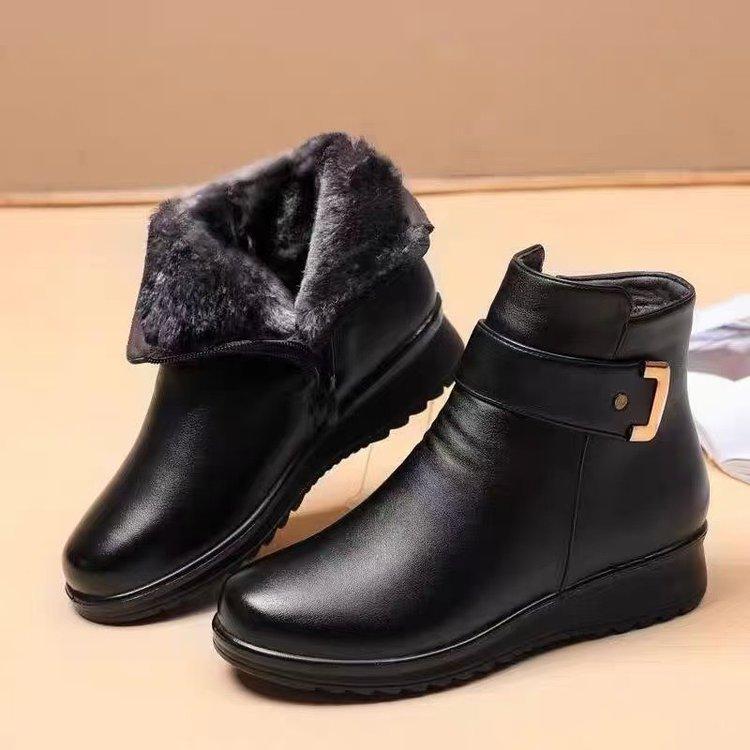 Mom Shoes Cotton Shoes Women's Autumn and Winter Middle-aged Soft Leather Soft-soled Short Boots Flat Leather Shoes Velvet Warm Middle-aged and Eld
