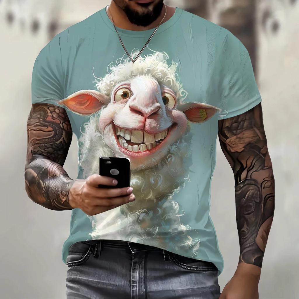 Trendy hip-hop clothing, fun 3D sheep print men's street casual O-neck short sleeved T-shirt, fashionable and loose summer top