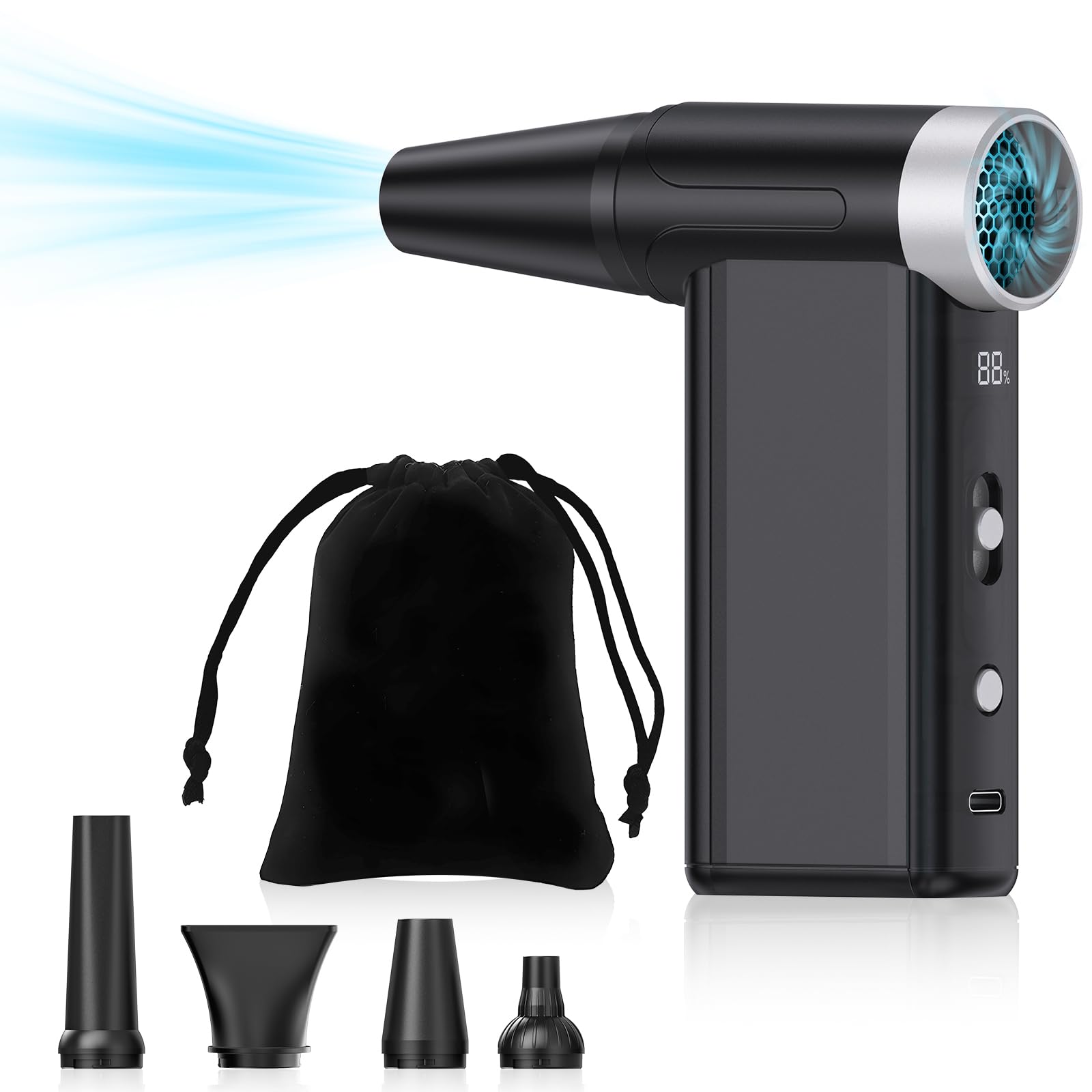 

Jidoutya Компактный электрический воздуходув Супервоздушный поток Максимальная скорость воздуха 67 Воздуходув для мойки автомобиля с ЖК-дисплеем 4000 мАч Быстрая до 120 минут непрерывной работы для автомобиля чёрный