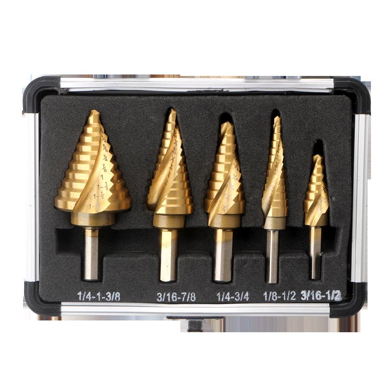 5-Piece Imperial Size HSS Step Drill Bit Set with Black & Gold Triangle Shank In Aluminum Box