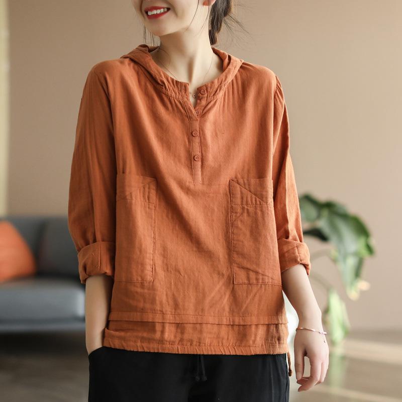 Women's Hooded Shirt Vintage Spring Loose Thin Pullover Long Sleeve Simple Plus Size Solid Blouses Ladies