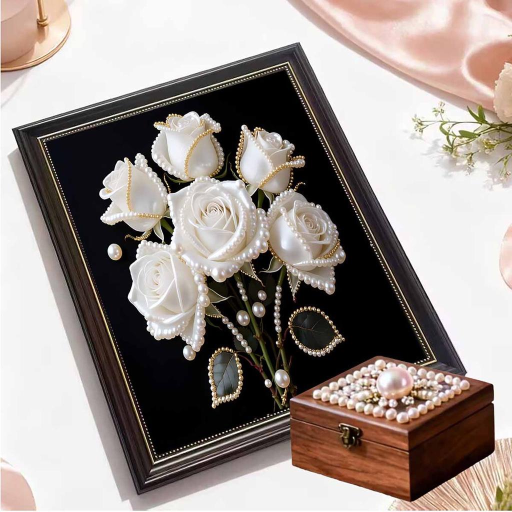 DIY White Rose Pearl Diamond Art Kits Without Frame 30x40cm Gem Art Diamond Painting Kits for Adults/Beginners Gift Idea Home Wall Decor