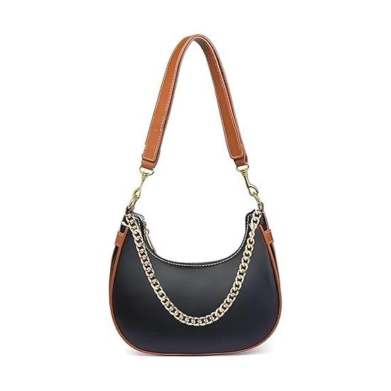 AKSUTI Damen Hobo Schultertasche mit Kette, Schwarz und Braun, Kunstleder