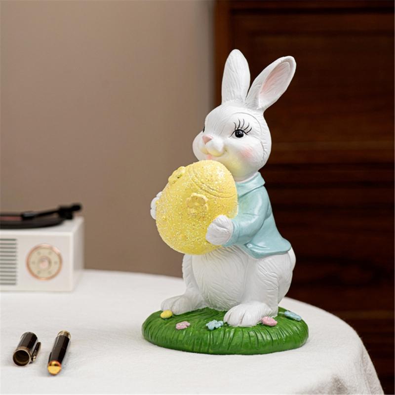 Handcrafts Resins Easters Bunnies Holding Eggs Decoration Cute Rabbit Figurine with Lawn Base for Home and Office Decors