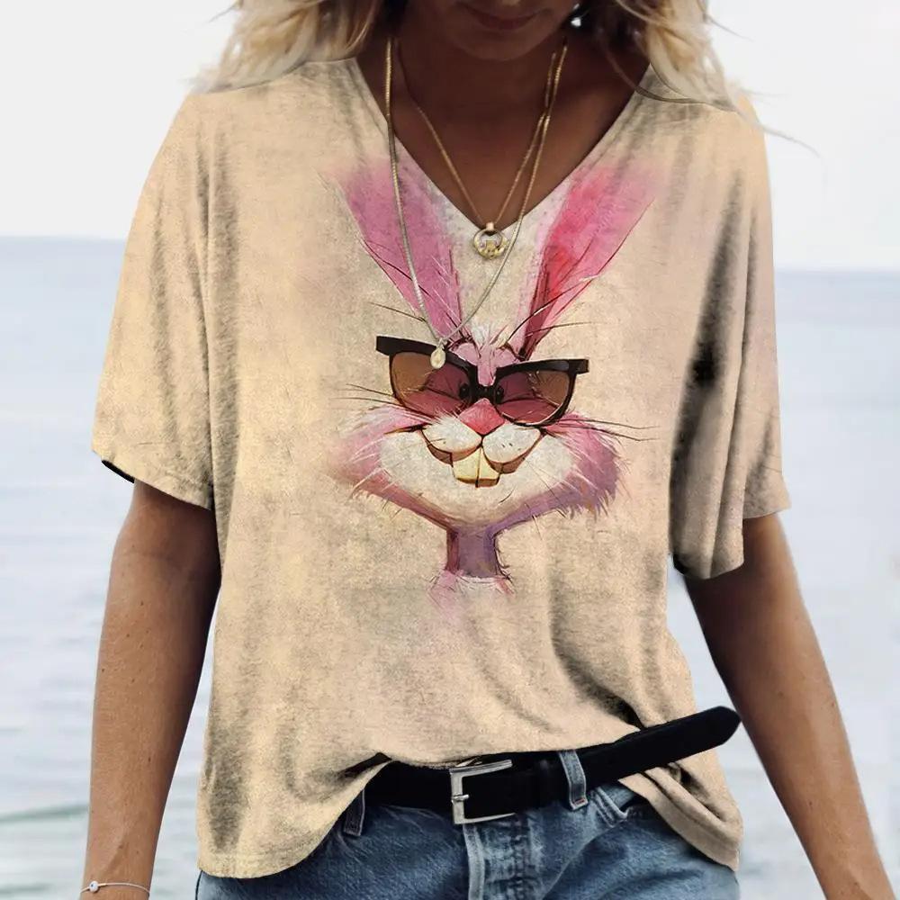 Ladies' V-neck T-shirt 3D Printed Animated Bunny Trendy Printed Short Sleeved T-shirt