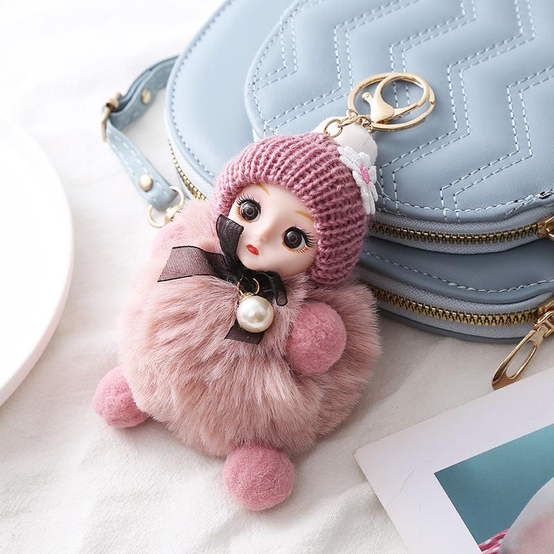 Cute Plush Keychain Imitation Rex Rabbit Fur Ball Keyring Big Eye Doll Pendant  Car Bag Charm