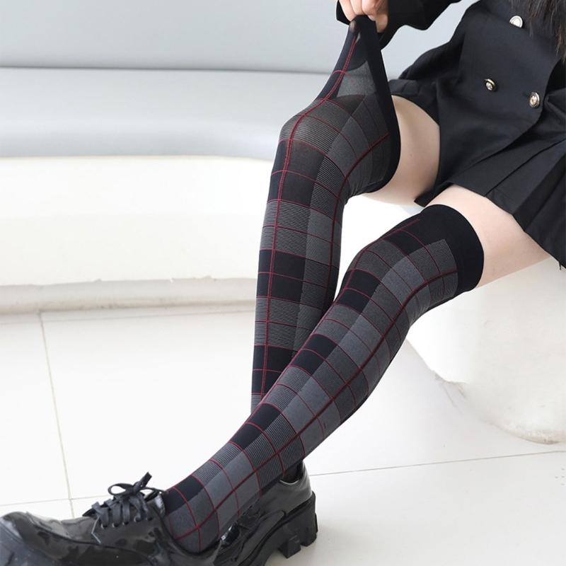 Thigh High Stockings Thigh High Socks with Plaids Print Over the Knee Socks Nylon Stockings Halloween Cosplay Costume