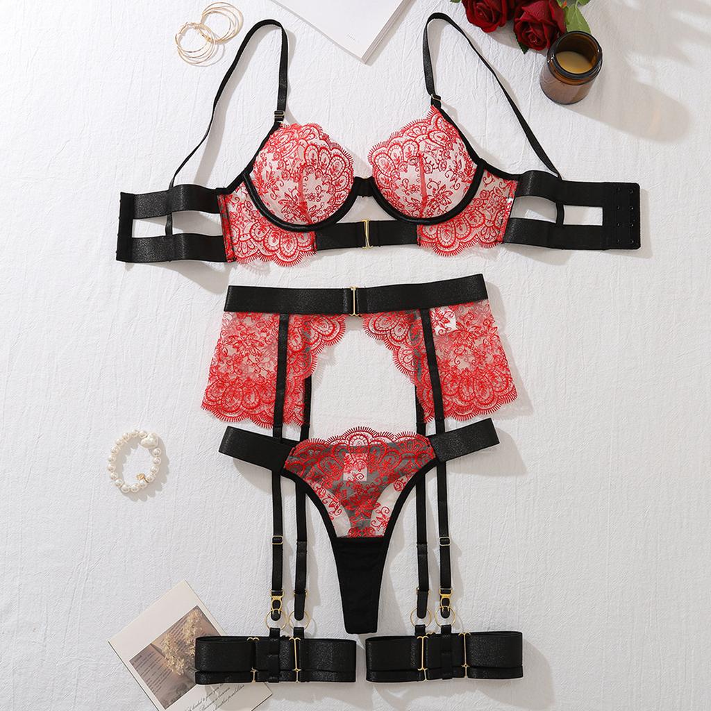 Hot-selling sexy lingerie perspective temptation heavy craftsmanship embroidery eyelash lace body sculpting bra four-piece set