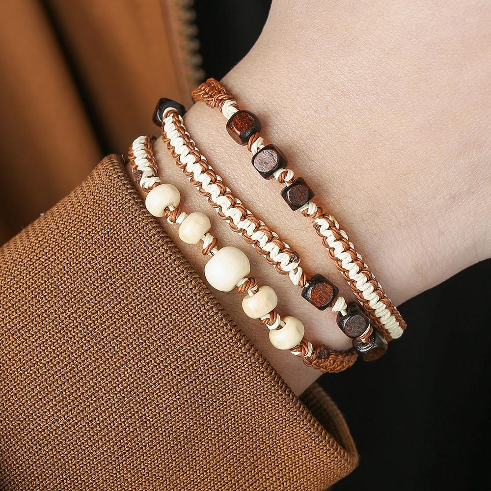 Bohemian Multilayer Woven Beaded Bracelet Handmade Wooden Jewelry For Travel Gift