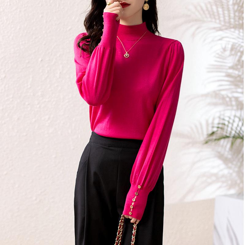 

Женский красный вязаный шерстяной свитер с полувысоким воротником - длинный рукав, осенне-зимний пуловер. XL розы красного