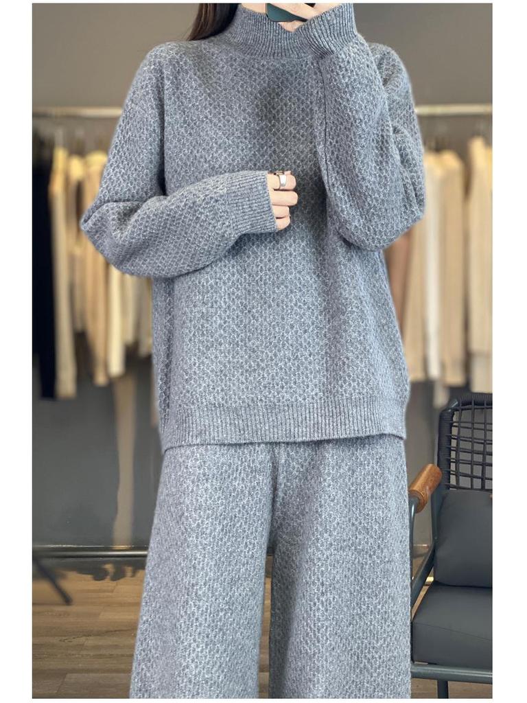 Women's Purple High Neck Wool Sweater & Wide-Leg Pants Set - Autumn/Winter Fashion