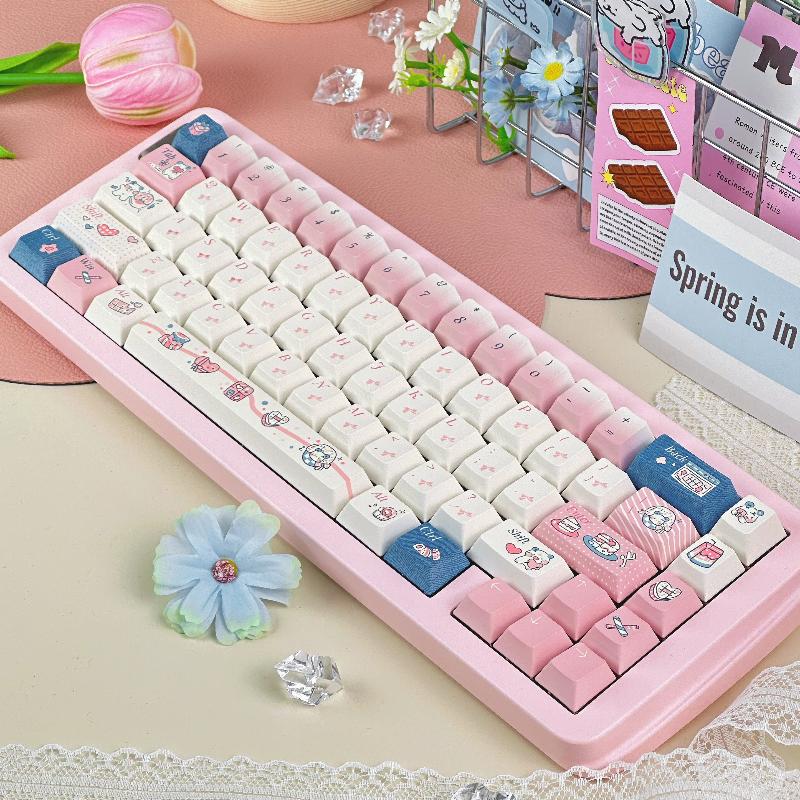 Pure Heartbeat Keycap Cherry Pbt Five Sided Thermal Sublimation Cake Bow Cartoon Diy Keycap 150Key White Pink Gradient Keycaps
