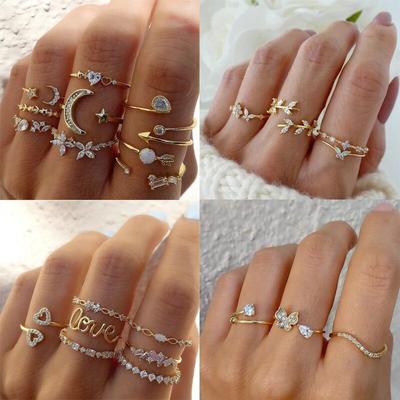 Boho zircon anéis definir cor de ouro feminino bohemia carta de cristal amor coração lua seta flor anel amantes casamento jóias presentes