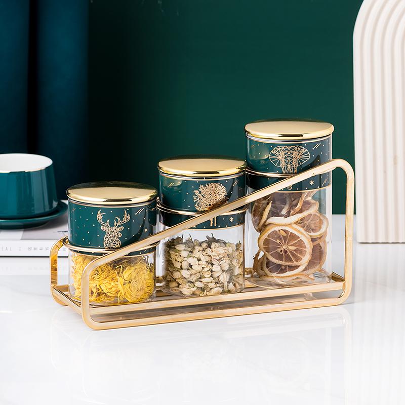 Food Storage Container, Glass Sealed Jar with Lid, Kitchen Storage Bottle, Household Moisture-proof Tea Can, Metal Rack