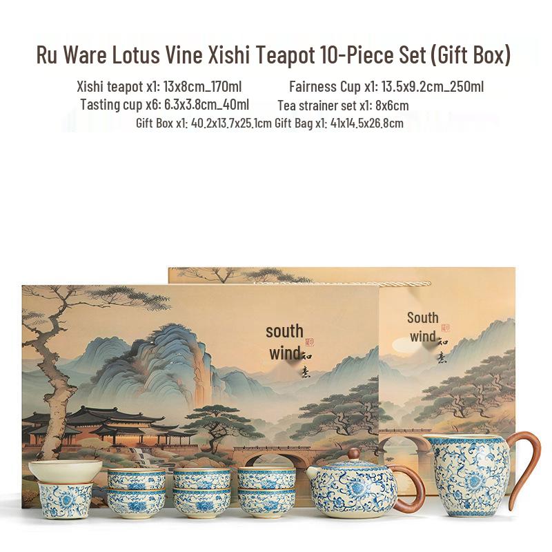 High-End Ru Kiln Ceramic Kung Fu Tea Set - Luxury Gaiwan Teapot, Tray, and Cups for Home.