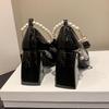 Fashion Mary Jane High Heels, Feminine Pearl Bow Small Leather Shoes,  Autumn New Style, Paired with Skirts and Worn Over A Single Shoe