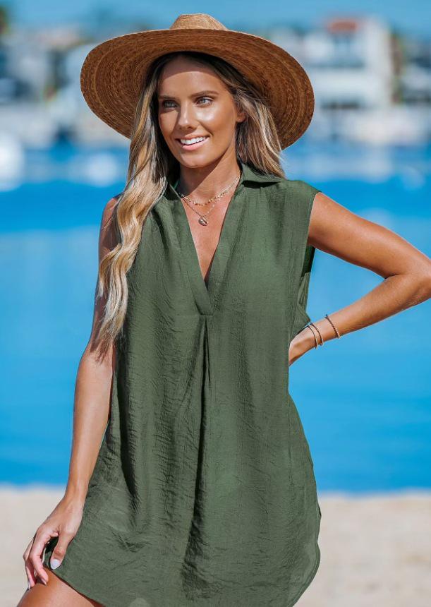 2025 Women's V-Neck Solid Color Beach Sun Protection Dress