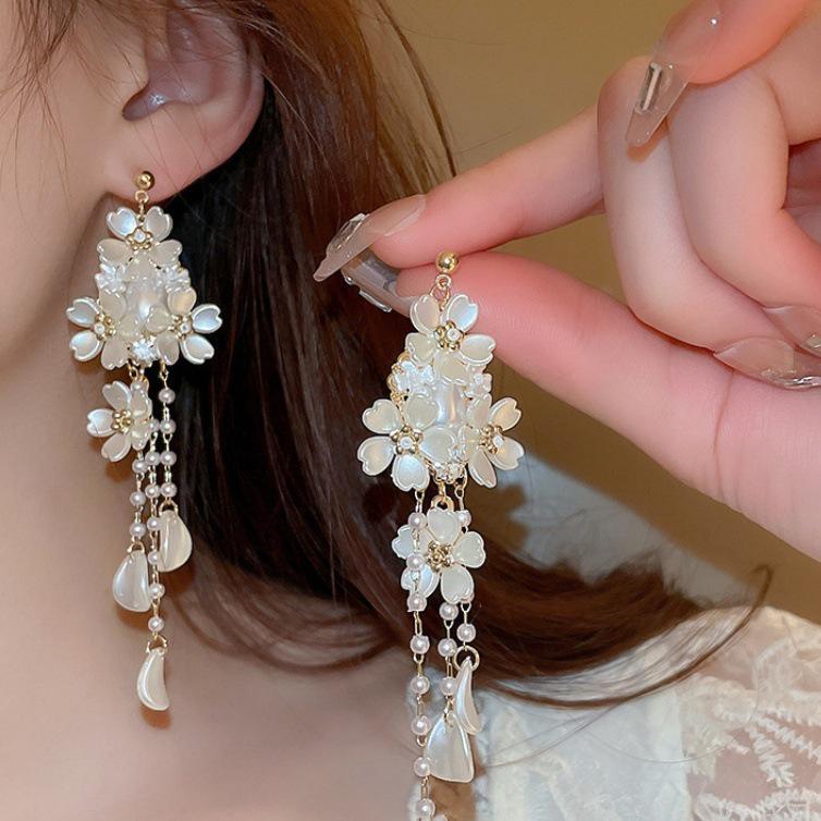 French Luxe Long Tassel Floral Stud Earrings - Unique Seaside Vacation Design