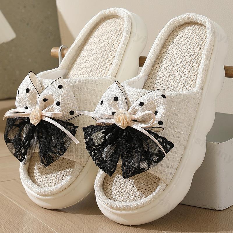 Fashion Linen Women Slippers 2025 Summer Home Slippers Comfortable Thick Sole Platform Ladies Fashion Bowknot Indoor Slipper Wholesale