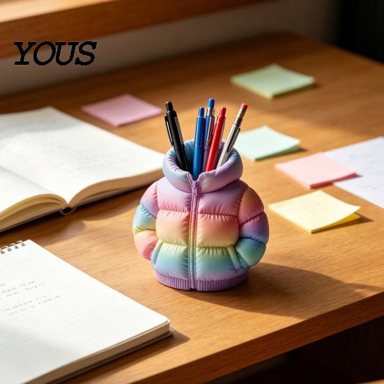 Creative Desktop Decoration Rainbow Down Coat Pen Holder, 3D Printed Puffer Jacket Colorful Gradient Stand Desk Organizer, Storage for Stationery And