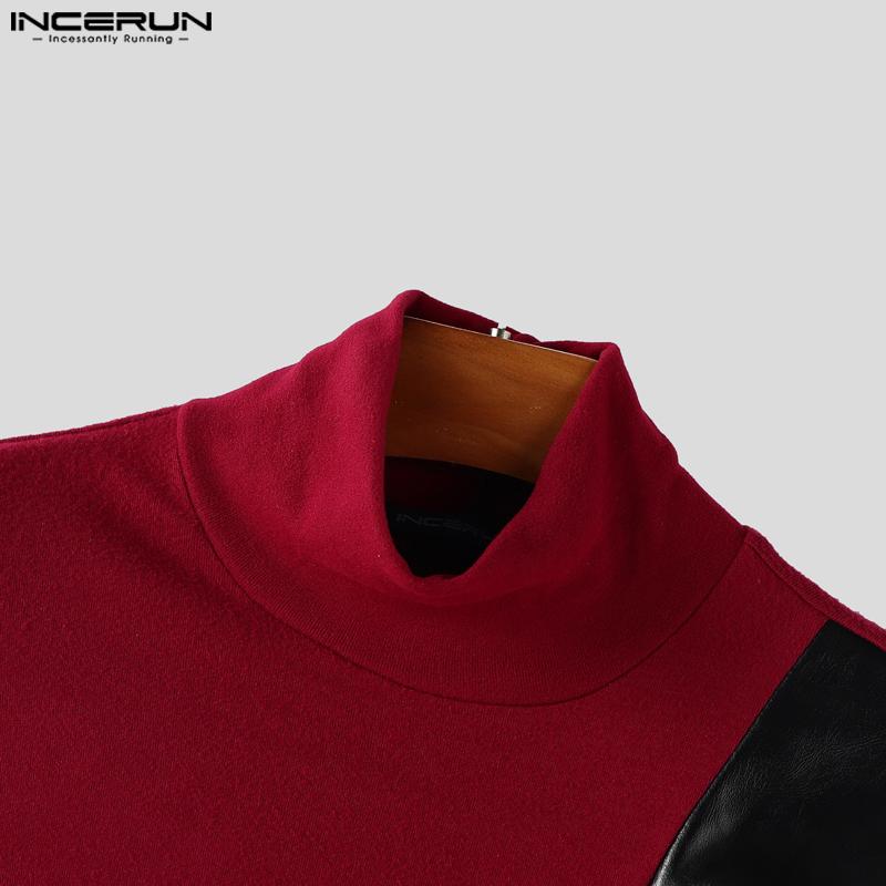 INCERUN Autumn Men's High Neck Long Sleeve PU Patchwork Irregular Casual T-shirts Undershirts