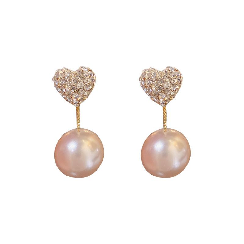 Two Ways To Wear Pearl Diamond Inlaid Heart Silver Needle Earrings For Women