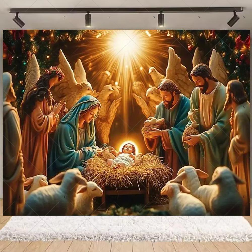 Nativity Scene Background Banner Starry Night Traditional Christmas Religious Jesus Backdrop Supplies Christmas Party Decoration