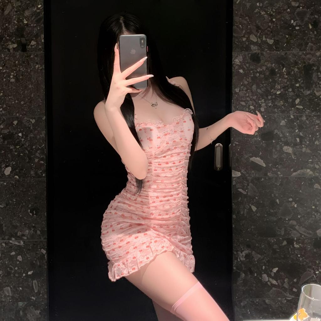 One set of lingerie for women, including a hot backless, cherry stretch, see-through mesh fabric with a chest cushion, and a sleeping dress